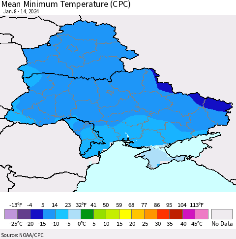 Ukraine, Moldova and Belarus Mean Minimum Temperature (CPC) Thematic Map For 1/8/2024 - 1/14/2024