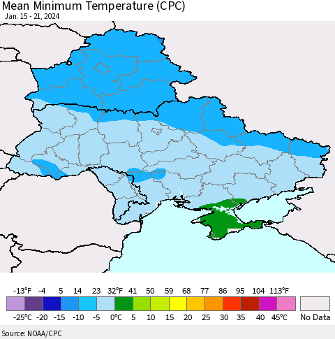 Ukraine, Moldova and Belarus Mean Minimum Temperature (CPC) Thematic Map For 1/15/2024 - 1/21/2024