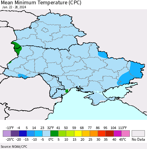 Ukraine, Moldova and Belarus Mean Minimum Temperature (CPC) Thematic Map For 1/22/2024 - 1/28/2024