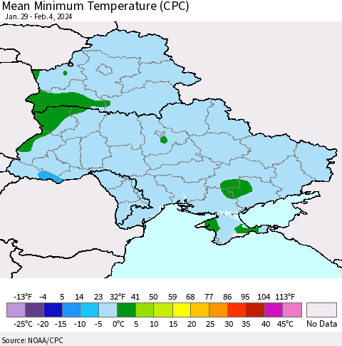 Ukraine, Moldova and Belarus Mean Minimum Temperature (CPC) Thematic Map For 1/29/2024 - 2/4/2024