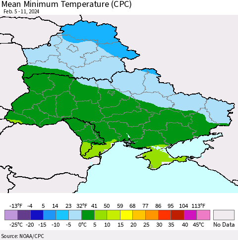 Ukraine, Moldova and Belarus Mean Minimum Temperature (CPC) Thematic Map For 2/5/2024 - 2/11/2024