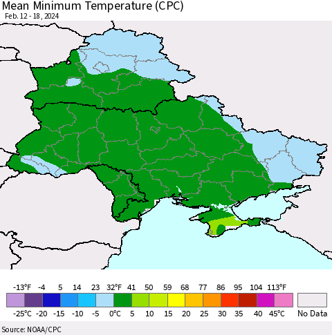Ukraine, Moldova and Belarus Mean Minimum Temperature (CPC) Thematic Map For 2/12/2024 - 2/18/2024