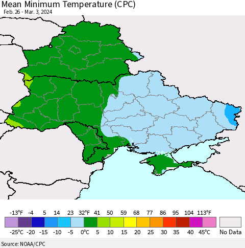 Ukraine, Moldova and Belarus Mean Minimum Temperature (CPC) Thematic Map For 2/26/2024 - 3/3/2024