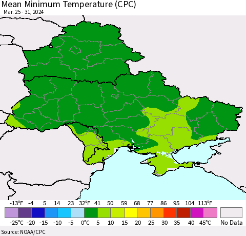 Ukraine, Moldova and Belarus Mean Minimum Temperature (CPC) Thematic Map For 3/25/2024 - 3/31/2024