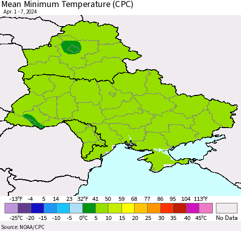 Ukraine, Moldova and Belarus Mean Minimum Temperature (CPC) Thematic Map For 4/1/2024 - 4/7/2024