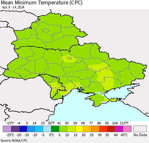 Ukraine, Moldova and Belarus Mean Minimum Temperature (CPC) Thematic Map For 4/8/2024 - 4/14/2024