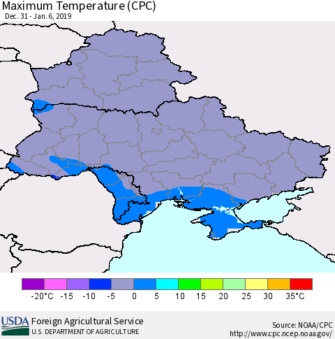Ukraine, Moldova and Belarus Maximum Temperature (CPC) Thematic Map For 12/31/2018 - 1/6/2019