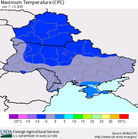 Ukraine, Moldova and Belarus Maximum Temperature (CPC) Thematic Map For 1/7/2019 - 1/13/2019