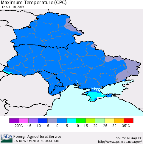Ukraine, Moldova and Belarus Maximum Temperature (CPC) Thematic Map For 2/4/2019 - 2/10/2019