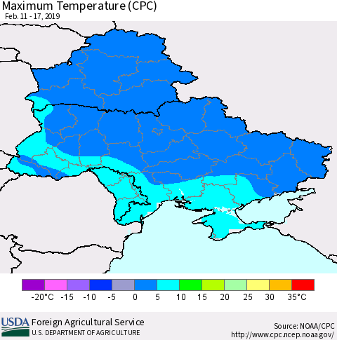 Ukraine, Moldova and Belarus Maximum Temperature (CPC) Thematic Map For 2/11/2019 - 2/17/2019