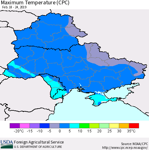 Ukraine, Moldova and Belarus Mean Maximum Temperature (CPC) Thematic Map For 2/18/2019 - 2/24/2019