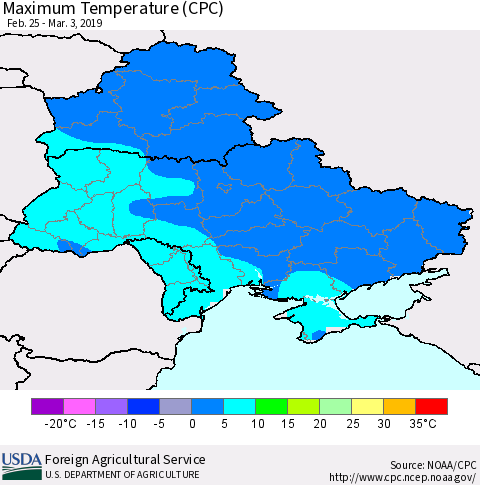 Ukraine, Moldova and Belarus Mean Maximum Temperature (CPC) Thematic Map For 2/25/2019 - 3/3/2019