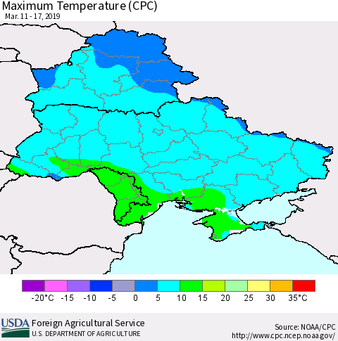 Ukraine, Moldova and Belarus Maximum Temperature (CPC) Thematic Map For 3/11/2019 - 3/17/2019