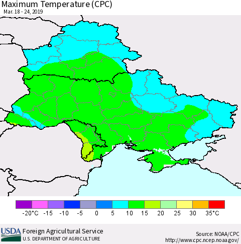 Ukraine, Moldova and Belarus Maximum Temperature (CPC) Thematic Map For 3/18/2019 - 3/24/2019