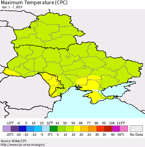 Ukraine, Moldova and Belarus Mean Maximum Temperature (CPC) Thematic Map For 4/1/2019 - 4/7/2019
