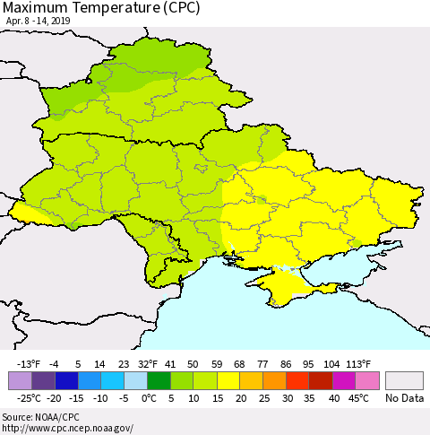 Ukraine, Moldova and Belarus Maximum Temperature (CPC) Thematic Map For 4/8/2019 - 4/14/2019
