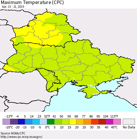Ukraine, Moldova and Belarus Mean Maximum Temperature (CPC) Thematic Map For 4/15/2019 - 4/21/2019
