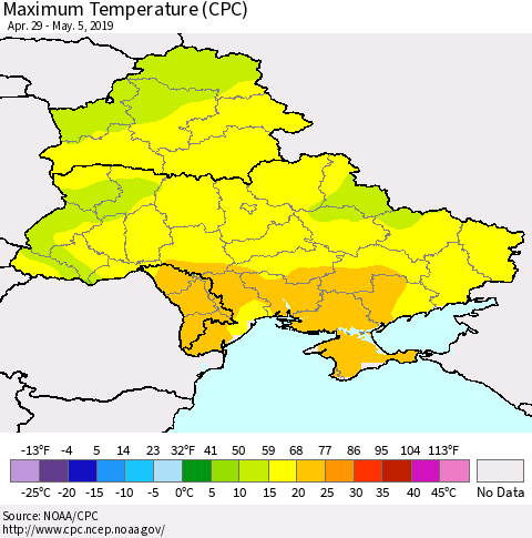 Ukraine, Moldova and Belarus Maximum Temperature (CPC) Thematic Map For 4/29/2019 - 5/5/2019