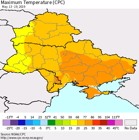 Ukraine, Moldova and Belarus Maximum Temperature (CPC) Thematic Map For 5/13/2019 - 5/19/2019