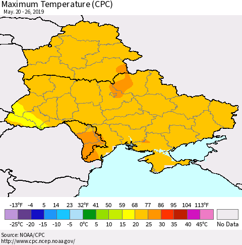 Ukraine, Moldova and Belarus Maximum Temperature (CPC) Thematic Map For 5/20/2019 - 5/26/2019