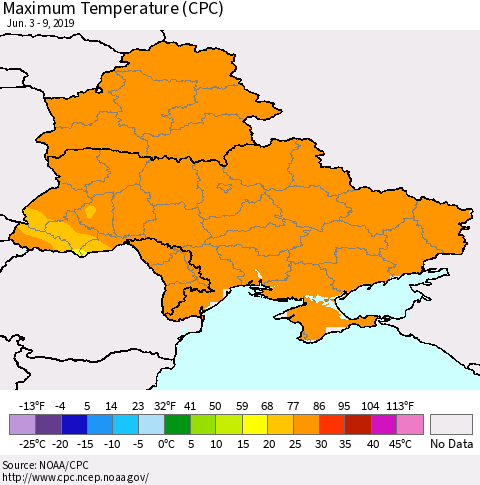 Ukraine, Moldova and Belarus Maximum Temperature (CPC) Thematic Map For 6/3/2019 - 6/9/2019