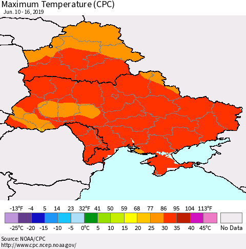 Ukraine, Moldova and Belarus Mean Maximum Temperature (CPC) Thematic Map For 6/10/2019 - 6/16/2019