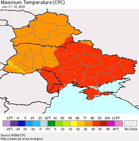 Ukraine, Moldova and Belarus Maximum Temperature (CPC) Thematic Map For 6/17/2019 - 6/23/2019