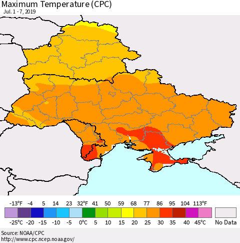Ukraine, Moldova and Belarus Maximum Temperature (CPC) Thematic Map For 7/1/2019 - 7/7/2019
