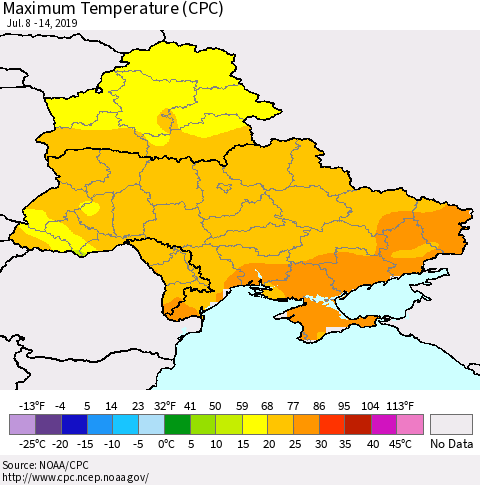 Ukraine, Moldova and Belarus Maximum Temperature (CPC) Thematic Map For 7/8/2019 - 7/14/2019