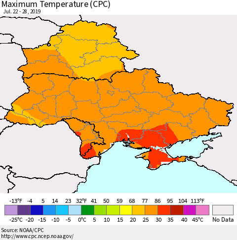 Ukraine, Moldova and Belarus Mean Maximum Temperature (CPC) Thematic Map For 7/22/2019 - 7/28/2019