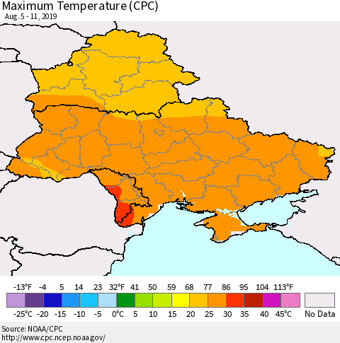Ukraine, Moldova and Belarus Maximum Temperature (CPC) Thematic Map For 8/5/2019 - 8/11/2019