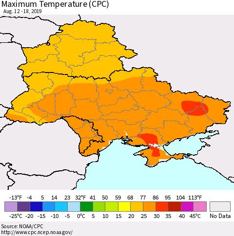 Ukraine, Moldova and Belarus Mean Maximum Temperature (CPC) Thematic Map For 8/12/2019 - 8/18/2019