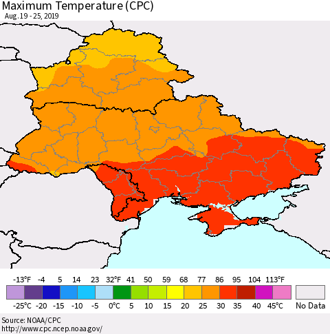 Ukraine, Moldova and Belarus Maximum Temperature (CPC) Thematic Map For 8/19/2019 - 8/25/2019