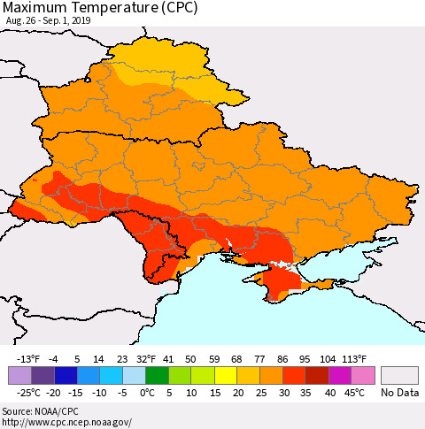Ukraine, Moldova and Belarus Maximum Temperature (CPC) Thematic Map For 8/26/2019 - 9/1/2019