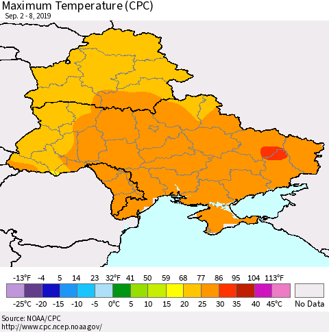 Ukraine, Moldova and Belarus Maximum Temperature (CPC) Thematic Map For 9/2/2019 - 9/8/2019