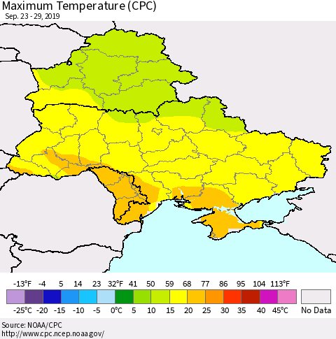 Ukraine, Moldova and Belarus Maximum Temperature (CPC) Thematic Map For 9/23/2019 - 9/29/2019