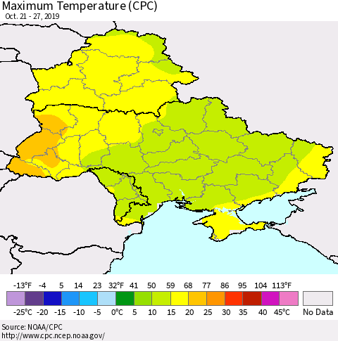 Ukraine, Moldova and Belarus Maximum Temperature (CPC) Thematic Map For 10/21/2019 - 10/27/2019