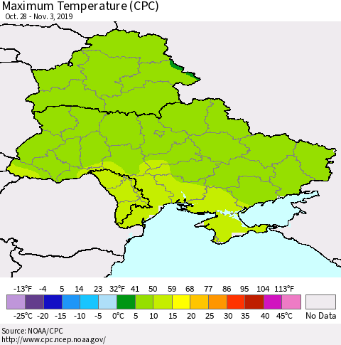 Ukraine, Moldova and Belarus Mean Maximum Temperature (CPC) Thematic Map For 10/28/2019 - 11/3/2019