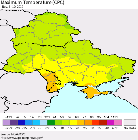 Ukraine, Moldova and Belarus Mean Maximum Temperature (CPC) Thematic Map For 11/4/2019 - 11/10/2019