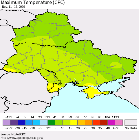 Ukraine, Moldova and Belarus Mean Maximum Temperature (CPC) Thematic Map For 11/11/2019 - 11/17/2019