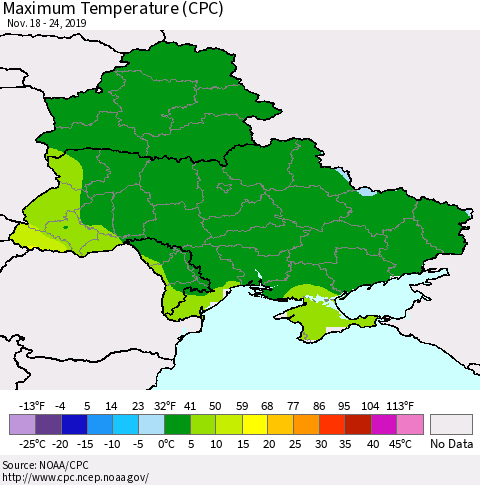 Ukraine, Moldova and Belarus Mean Maximum Temperature (CPC) Thematic Map For 11/18/2019 - 11/24/2019