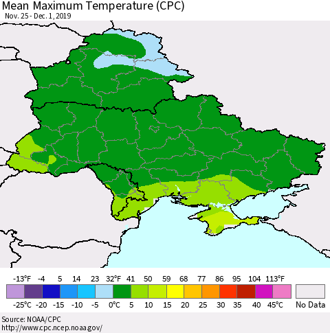 Ukraine, Moldova and Belarus Maximum Temperature (CPC) Thematic Map For 11/25/2019 - 12/1/2019