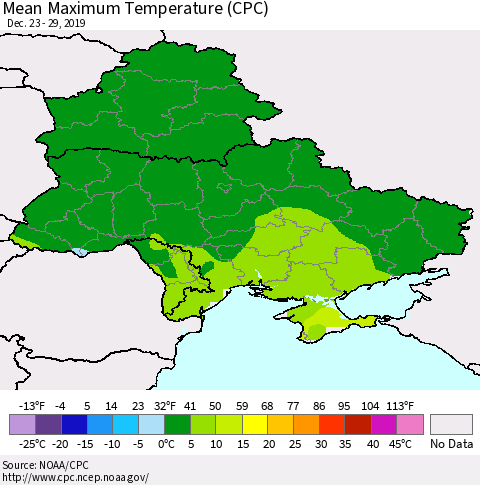 Ukraine, Moldova and Belarus Maximum Temperature (CPC) Thematic Map For 12/23/2019 - 12/29/2019