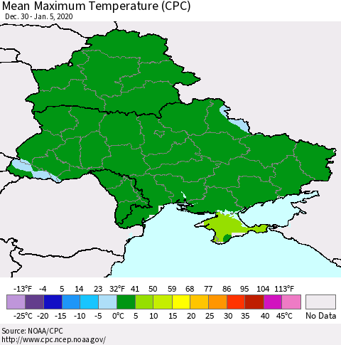 Ukraine, Moldova and Belarus Maximum Temperature (CPC) Thematic Map For 12/30/2019 - 1/5/2020