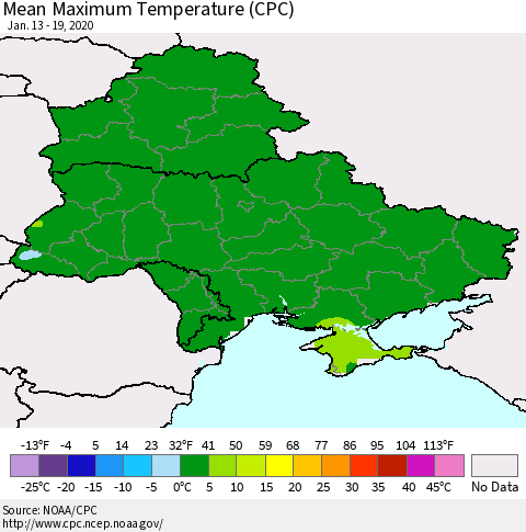 Ukraine, Moldova and Belarus Mean Maximum Temperature (CPC) Thematic Map For 1/13/2020 - 1/19/2020