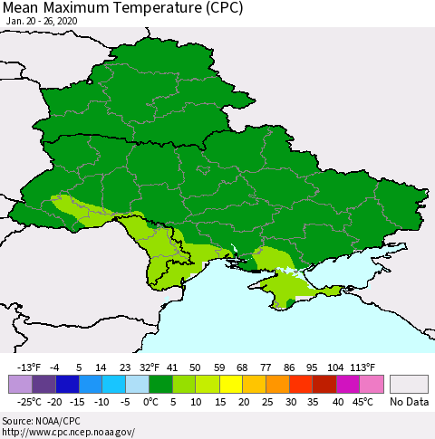Ukraine, Moldova and Belarus Mean Maximum Temperature (CPC) Thematic Map For 1/20/2020 - 1/26/2020