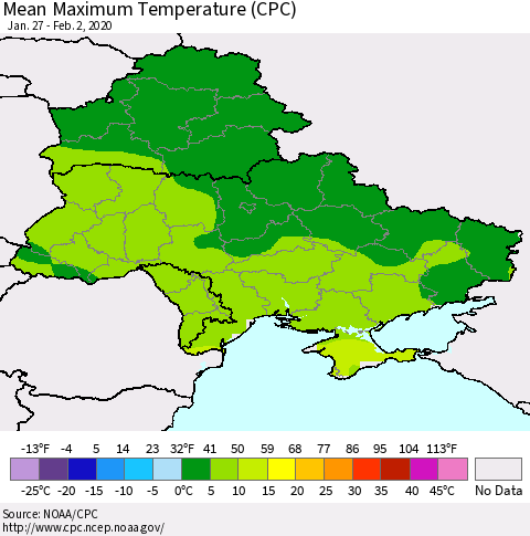Ukraine, Moldova and Belarus Mean Maximum Temperature (CPC) Thematic Map For 1/27/2020 - 2/2/2020
