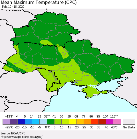 Ukraine, Moldova and Belarus Mean Maximum Temperature (CPC) Thematic Map For 2/10/2020 - 2/16/2020