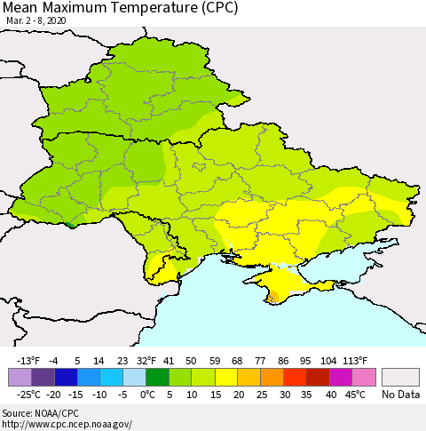 Ukraine, Moldova and Belarus Mean Maximum Temperature (CPC) Thematic Map For 3/2/2020 - 3/8/2020