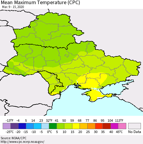 Ukraine, Moldova and Belarus Mean Maximum Temperature (CPC) Thematic Map For 3/9/2020 - 3/15/2020